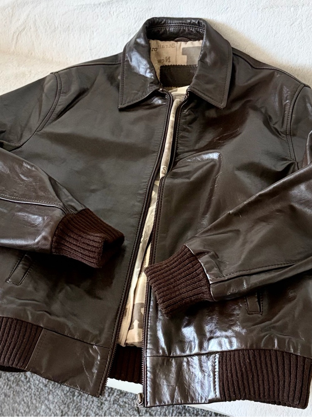 Men's Dark Brown Leather Bomber Jacket with Ribbed Trim